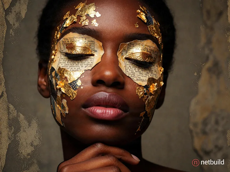 Dark-skinned woman, mid-20s, close-up portrait,  with a thoughtful and contemplative expression.  Her eyes are covered by charred, torn pieces of aged...
