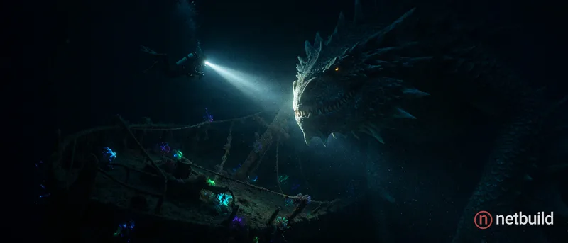 A lone diver hovers in the crushing depths of the deep ocean abyss, surrounded by an infinite void where no light from above can penetrate. The enviro...