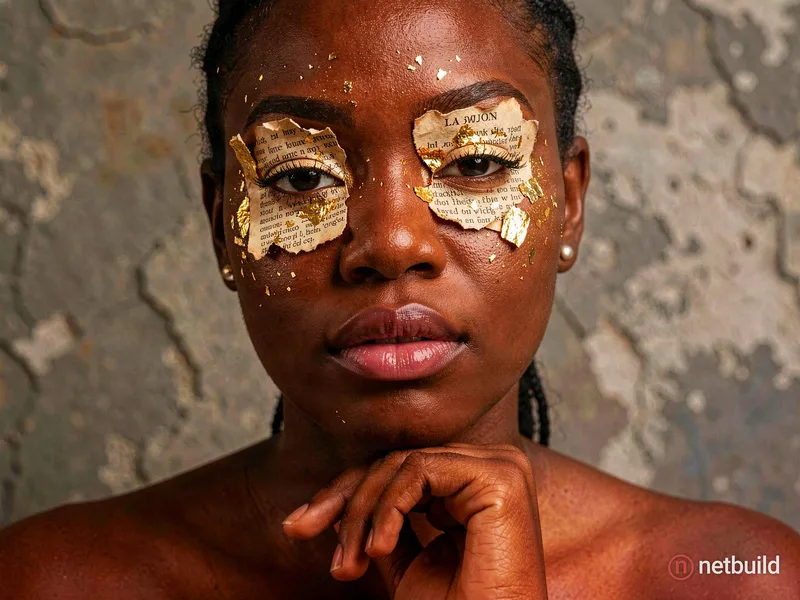 Dark-skinned woman, mid-20s, close-up portrait,  with a thoughtful and contemplative expression.  Her eyes are covered by charred, torn pieces of aged...
